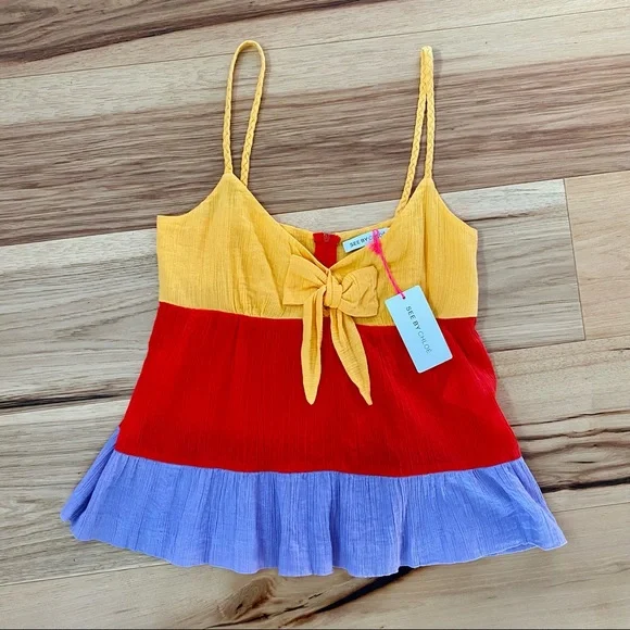 See By Chloe Ruffled Bow Braided Strap Colorblock Tank NWT - Picture 2 of 12